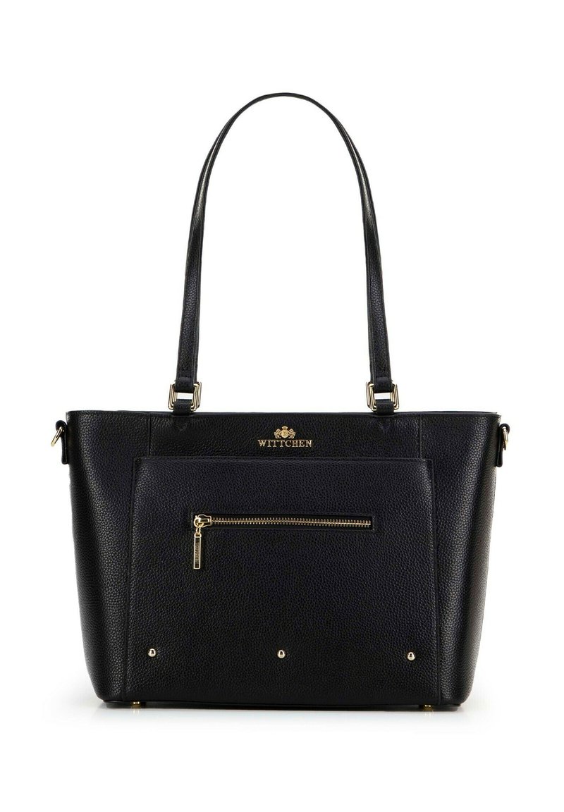 Zwarte leren tote bag met een gestructureerde afwerking, gouden hardware accenten, een voorvak met rits en dubbele schouderbanden. WITTHEN-logo aan de voorkant.