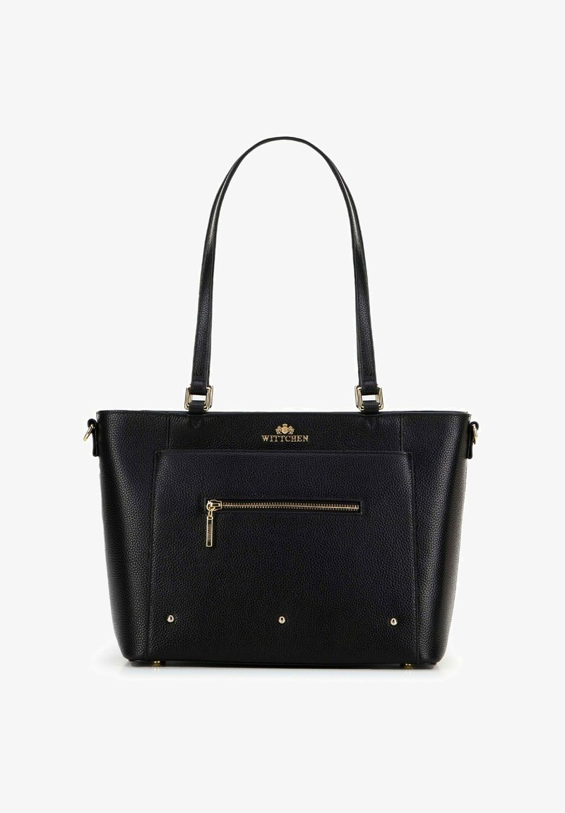 Borsa a tracolla in pelle nera con finitura texture, dettagli in metallo dorato, tasca anteriore con zip e doppi manici. Logo WITTHEN sul davanti.