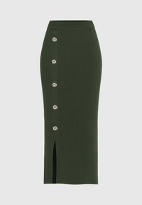 Jupe en maille côtelée verte avec une taille ajustée, ornée de boutons décoratifs sur un côté et d'une fente sur le côté pour ajouter du style.