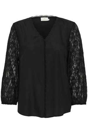 Mustmust värviga pluus pikade pitsist varrukatega, V-kaelus ja laineline ääris ees. Pehme kangas, mugav lõige ja elegantne disain.