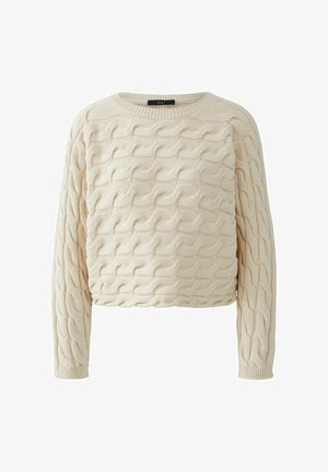 Beige gestrickter Pullover mit einem strukturierten Wellenmuster, rundem Ausschnitt und langen Ärmeln. Der Stoff wirkt weich und leicht dehnbar.