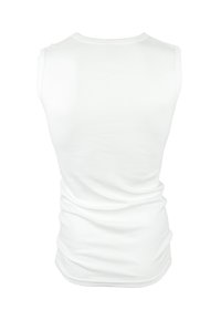 White sleeveless top made of soft cotton, featuring a round neckline and a fitted shape with a smooth, slightly textured surface.