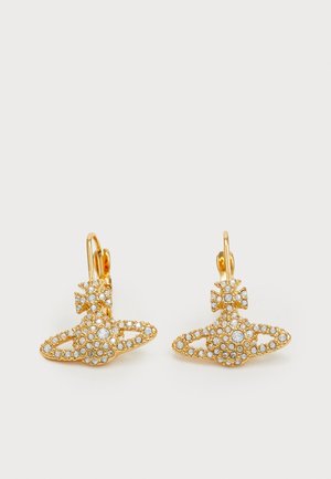 Gold-tone earrings featuring a bow design adorned with clear rhinestones, shaped like an open geometric pattern with a polished finish.