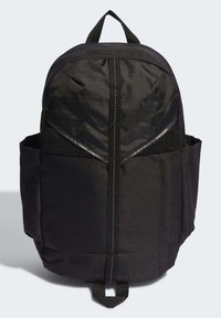 Sac à dos noir en tissu durable, avec des sangles réglables, des poches latérales en mesh et un logo à l'avant. Design simple et fonctionnel.