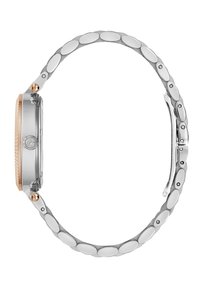Orologio tondo con bracciale in acciaio inossidabile argentato caratterizzato da maglie ovali, una lunetta in oro rosa e un dettaglio del corona prominente.