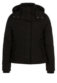 Czarna pikowana kurtka z wysokim kołnierzem, zamek błyskawiczny i napy. Posiada dwie boczne kieszenie oraz ściągacze przy mankietach dla dodatkowego ciepła.