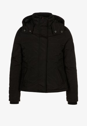 Veste matelassée noire avec un col haut, fermeture éclair et boutons-pression. Elle dispose de deux poches latérales et de poignets côtelés pour plus de chaleur.