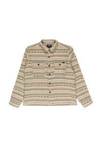 Giacca camicia beige e verde a fantasia con maniche lunghe, due tasche sul petto, bottoni frontalmente e colletto.