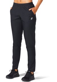 Black athletic pants made of lightweight fabric, featuring an elastic waistband, side pockets, and a small logo on the front.