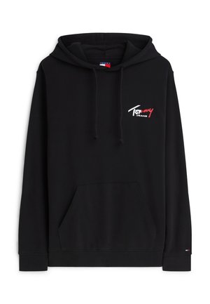 Sweat à capuche noir avec poche avant, capuche ajustable par cordon, et petit logo "Tommy Jeans" blanc et rouge sur la poitrine gauche et le poignet de la manche.