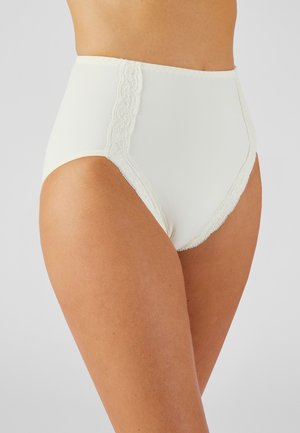 Mutande bianche a vita alta realizzate in tessuto morbido, con rifiniture in pizzo lungo i lati e la vita. Design semplice ed elegante.