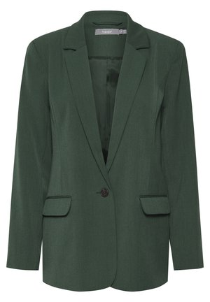 Green tailored blazer with a notched lapel, single button closure, and two front pockets. Made from textured fabric with a smooth lining.