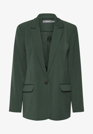 Blazer ajusté vert avec revers cranté, bouton unique et deux poches avant. Fabriqué en tissu texturé avec une doublure lisse.
