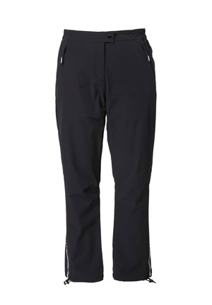 Pantalon de plein air noir à jambes droites, avec poches avant à fermeture éclair, taille à bouton, et cordons ajustables aux ourlets des chevilles.