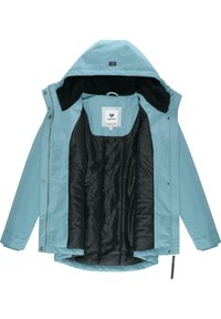 Blue waterproof jacket with a hood, featuring a black textured inner lining, a label in the center, and front snap closures.