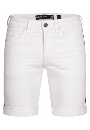 Hvide denimshorts med rullekanter, der har et fem-lomme design og metalknaplukning. Glat tekstur og afslappet pasform.