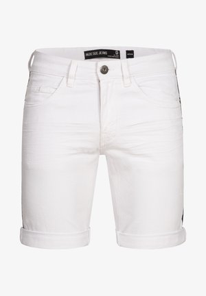 Hvide denimshorts med rullekanter, der har et fem-lomme design og metalknaplukning. Glat tekstur og afslappet pasform.