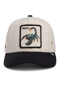 Gorra de béisbol con una corona de lino beige y visera negra. Presenta un parche bordado de un escorpión con el texto "MORTAL".