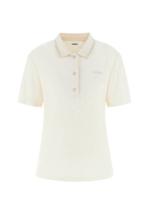 Cream-colored polo shirt with a textured design, short sleeves, a two-button placket, and contrasting collar stripes. Logo on the chest.