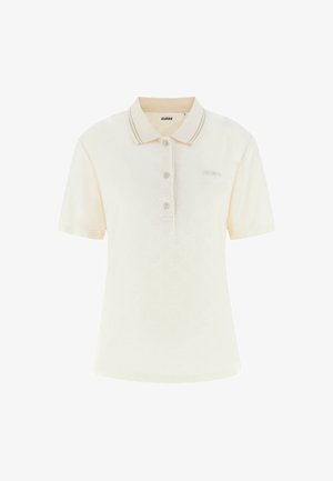 Grietos spalvos polo marškiniai su tekstūruotu raštu, trumpomis rankovėmis, dviejų mygtukų užtrauktuku ir kontrastingomis apykaklės juostelėmis. Logo ant krūtinės.