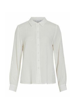 Bijela košulja dugih rukava izrađena od laganog materijala, s klasičnom kragnom, prednjim dugmadi i krojenim manžetama s glatkom teksturom.