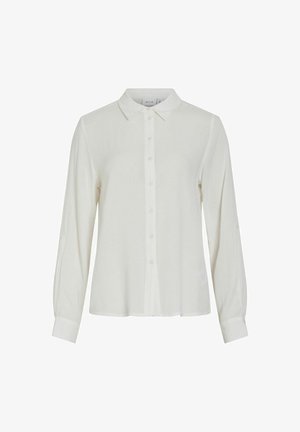 Bijela košulja dugih rukava izrađena od laganog materijala, s klasičnom kragnom, prednjim dugmadi i krojenim manžetama s glatkom teksturom.