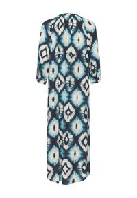 Rochie maxi cu un fond bleumarin, decorată cu un model geometric alb și albastru, mâneci trei sferturi și decolteu plisat. Material moale.