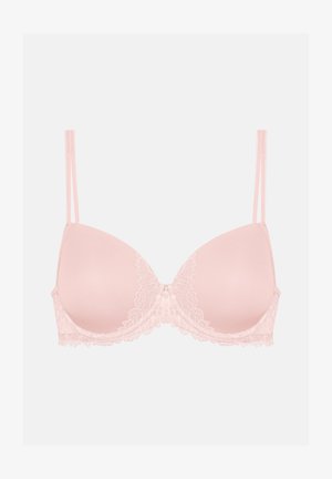 Light pink padded bra with lace detailing on cups and band, adjustable thin shoulder straps, and a small decorative gem at center front.