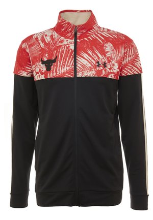 Veste noire pour homme à zip intégral avec imprimé tropical rouge et blanc sur la partie supérieure de la poitrine et les épaules, présentant les logos taureau et Under Armour.