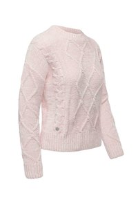 Różowy sweter o teksturze, z diamentowymi wzorami i szczegółami w splocie warkoczowym. Posiada okrągły dekolt oraz ściągacze u dołu i na mankietach.