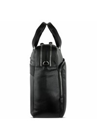 Black leather bag with dual zippers, rectangular shape, side pockets, and padded straps. Smooth texture with a matte finish.
