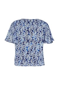 Korte mouw, marineblauw topje met een wit bladmotief. Lichtgewicht stof en comfortabele pasvorm met een rechte zoom en zachte textuur.