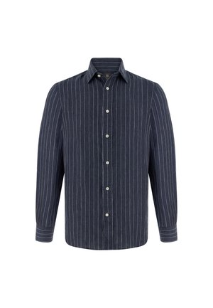 Marineblaues Langarmhemd mit weißen vertikalen Streifen, durchgehender Knopfleiste, spitzem Kragen und mit Knöpfen versehenen Manschetten.