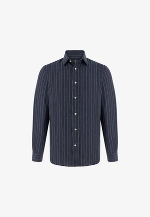Marineblaues Langarmhemd mit weißen vertikalen Streifen, durchgehender Knopfleiste, spitzem Kragen und mit Knöpfen versehenen Manschetten.