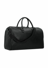 Schwarze Duffel-Tasche aus strukturiertem Leder. Verfügt über zwei Griffe und einen abnehmbaren Schulterriemen. Reißverschlussverschluss und minimalistische Hardware-Akzente.