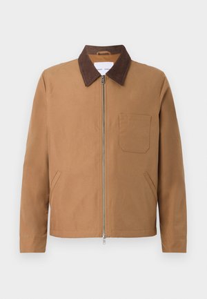 Brown zip-up jacket with dark brown collar, chest pocket on left side, and two side pockets, displayed on a white background.