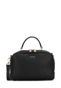 Borsa a tracolla nera in pelle con finitura testurizzata, dotata di accessori in oro, doppia cerniera, manico superiore e tracolla rimovibile.