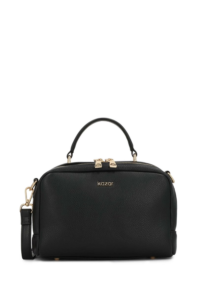 Borsa a tracolla nera in pelle con finitura testurizzata, dotata di accessori in oro, doppia cerniera, manico superiore e tracolla rimovibile.