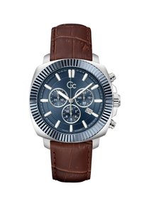 Ceas din oțel inoxidabil cu cadran albastru, funcții cronograf, markere orare argintii și o curea texturată din piele maro. Bezel notabil cu margini zimțate.