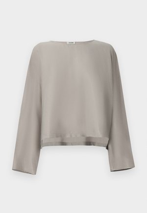 Light grey, cropped long-sleeve top made of smooth fabric. Features a round neckline and subtle hem detailing.