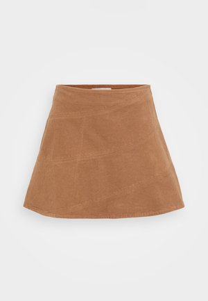 Ruskea corduroy-minihame, jossa on kellottava muotoilu, diagonaaliset saumat ja sileä pinta. Ylhäällä litteä vyötärö.