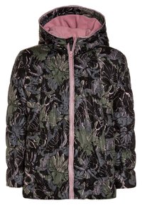 Vadderad jacka med huva. Har ett grönt och svart blommönster, rosa fleecefoder och en framdragkedja med rosa detaljer.