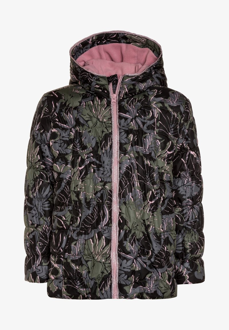 Polstret jakke med hætte. Har et grønt og sort blomsterprint, pink fleecelinning og en lynlås foran med pink detaljer.