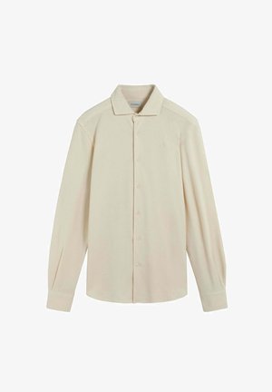 Beige long-sleeve button-up shirt with classic collar, plain front, and buttoned cuffs, laid flat on a white background.