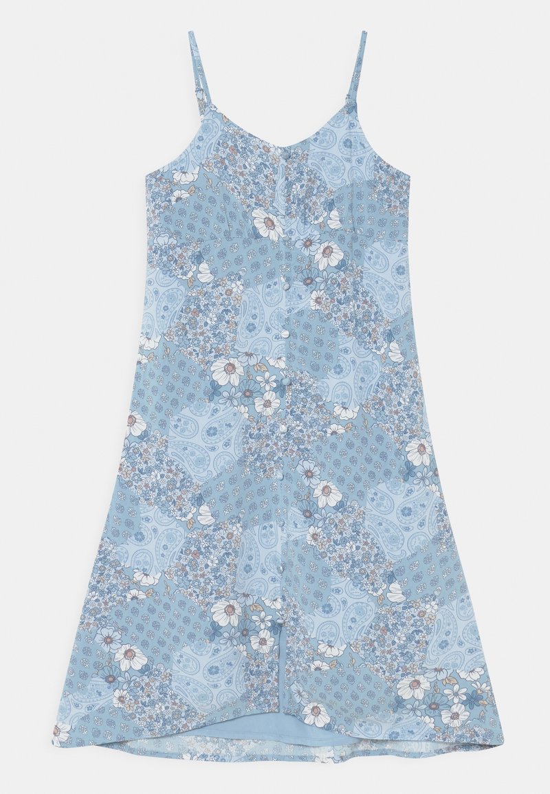 Vaaleansininen hihaton mekko, jossa on kukka- ja paisley-kuvioita, keskellä napitus ja virtaava siluetti.