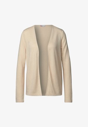 Valkoinen avonainen neulecardigan pitkähihaisilla hihoilla, pehmeä tekstiili ja ilman nappeja. Omistaa rentouttavan istuvuuden ja yksinkertaisen, minimalistisen muotoilun.