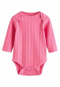 Långärmad babybodysuit i ribbat klarrosa tyg med rund halsringning och tryckknappar i botten för enkel påklädning.