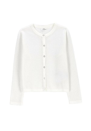 Biały dziergany kardigan z długimi rękawami, okrągłym dekoltem i sześcioma guzikami z przodu, z teksturowanym wzorem na całej powierzchni.