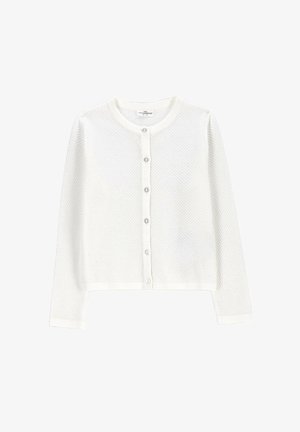 Biały dziergany kardigan z długimi rękawami, okrągłym dekoltem i sześcioma guzikami z przodu, z teksturowanym wzorem na całej powierzchni.