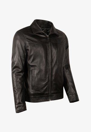 Black leather jacket with a zip front, classic collar, two side pockets, smooth texture, and minimalistic design.